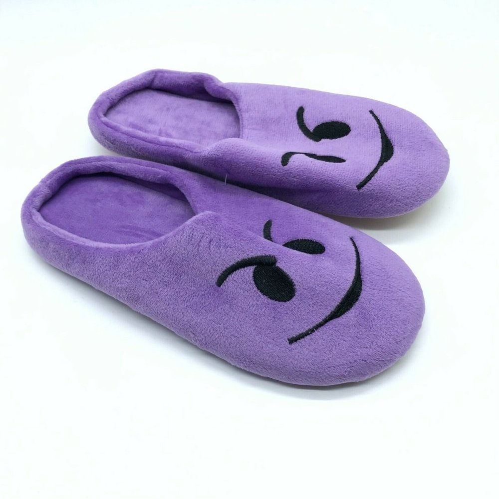 Womens Clog Slippers Emoji Smile Face Fleece Slip On Soft Sole Purple US Size 6